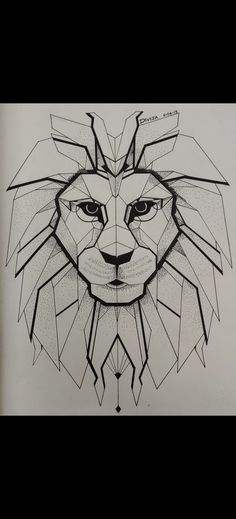 a black and white drawing of a lion's head with geometric lines on it