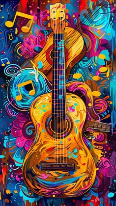 an abstract painting of a guitar with music notes