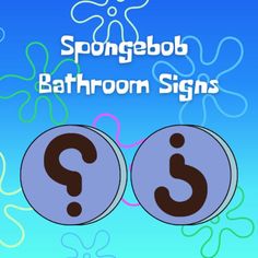 a bathroom sign with two question marks in the middle and an image of a blue background