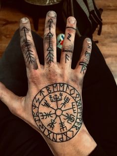 a person's hand with tattoos on it and arrows drawn across the middle of their palm