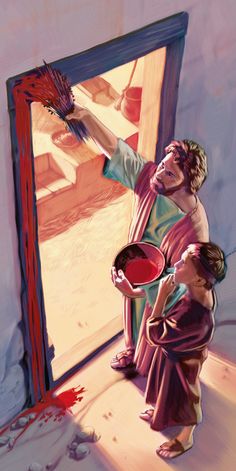 a painting of a man holding a paintbrush next to a little boy in front of a mirror