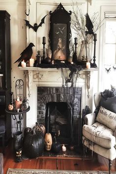 Enchanted Halloween living room fireplace with pumpkins, bats, and mystical elements. Halloween Living Room Decor, Halloween Mantel Decor, Halloween Mantle Decor, Halloween Fireplace, Halloween Living Room, Victorian Halloween, Halloween Decor Diy, Halloween Decor Ideas, Halloween Mantle