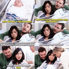 the young couple is in bed with their newborn baby, and it's very funny