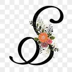 the letter e is decorated with flowers and leaves, font, alphabet, flower png and psd