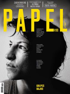 the cover of paper magazine with a man's face in black and yellow colors