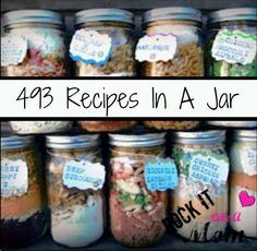 the jars are filled with different types of food