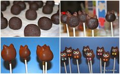 four different pictures of chocolate owls and cat lollipops