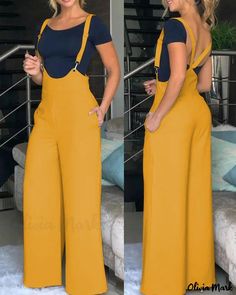 Color: yellow, Size: L(10-12) Suspender Jumpsuit, Casual Weekend Style, Womens Jumpsuits Casual, Casual Weekend Outfit, Jumpsuit Dressy, Suspender Pants, Long Bodycon Dress, Smart Casual Outfit, White Jumpsuit