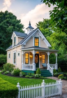 a small house with a white picket fence