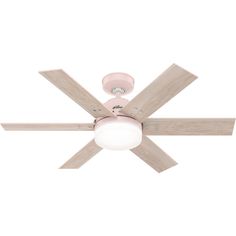 a white ceiling fan with two wooden blades and a light fixture on the top of it