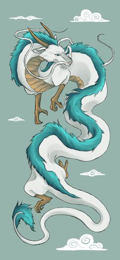 two white and blue dragon with long tails