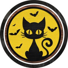 a wooden sign with a black cat and bats in the background on a yellow circle