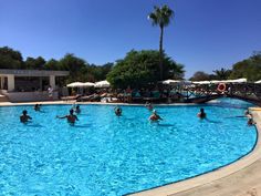 people are playing in the swimming pool on a sunny day