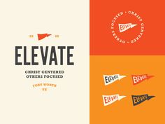 the logo for elevate church centered by an arrow and two different colored banners