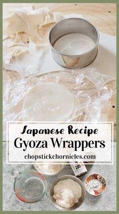 japanese recipe gyoza wrappers on a table with ingredients in bowls and spoons