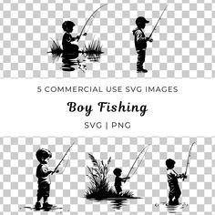 the silhouettes of children fishing in different positions