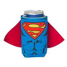 a can cooler with a superman design on it's sleeve and a red cape around the neck