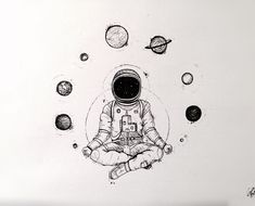 an astronaut is sitting in the middle of space surrounded by planets and other small objects