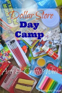 a pile of school supplies with the words dollar store day camp