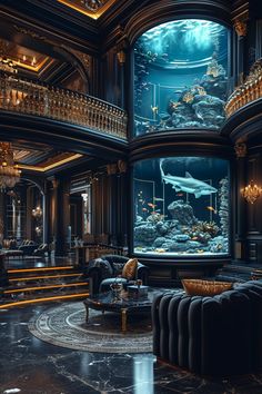 a living room filled with furniture and an aquarium in the middle of it's walls