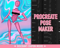 an animated woman in pink and blue with text that reads procreate pose maker