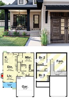 two story house plans with garage and living room in the front, one bedroom on the second