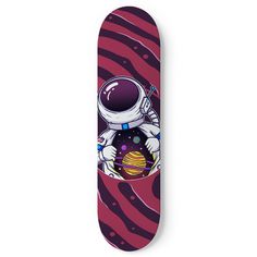 a skateboard with an astronaut on it's back and planets in the background