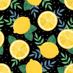 a bunch of lemons with leaves and dots on a black background seamless wallpaper