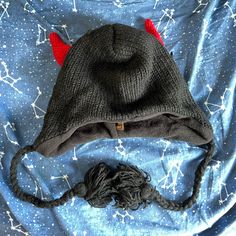 New Without Tags; Rising International Black Winter Hat With Devil Horns! No Rips, Stains Or Any Damages. From A Smoke Free Home. Crochet Devil Bonnet, Devil Hat Crochet, Crochet Horned Beanie, Crochet Hat With Horns, Crochet Baphomet Hat, Black Winter Hat, Devil Horns, Hat Knit, Women Rising