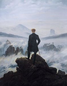 a painting of a man standing on top of a mountain looking out at the clouds