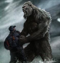 an image of a bigfoot standing next to a man with a backpack on his back