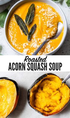 roasted acorn squash soup in bowls with spoons