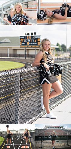 the cheerleader is posing on the fence