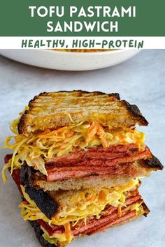 two sandwiches stacked on top of each other with text overlay reading tofu pasta sandwich healthy, high - protein