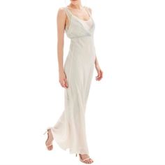 Pretty Crinkles Enhance The Wispy Luxury Of Pure Silk That Overlays This Faintly Ombre Gown. New With Tags, Never Worn. - Slips On Over Head - Plunging Surplice Neck - Sleeveless - Dress 100% Silk - White Slip Lining 100% Polyester. Approximate Measurements: Bust: 16.5" Across Waist: 11.5" Across Length: 63" Ombre Gown, Womens Bridesmaid Dresses, White Evening Gowns, White Silk Dress, Fab Dress, Column Gown, Column Dress, Topshop Dresses, Bride Gowns