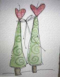 two green vases with hearts on them are drawn in watercolor and then ink