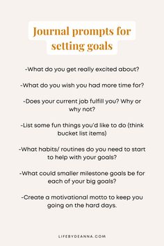 a white poster with the words journal prompts for setting goals on it and an image of