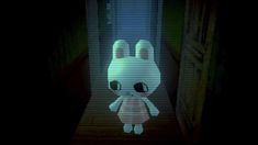 a cartoon bunny is standing in the dark with its head turned to look like it's coming out of an open door