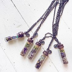 bewitch ii // tall spell jar glass bottle pendant necklaces by Peacock & Lime Mini Bottle Jewelry, Spell Jar Earrings, Spell Jar Jewelry, Mini Glass Bottles Ideas, Trinket Trading, Spell Of Protection, Trinket Ideas, Spell Jar Necklace, Bottle Necklace Diy