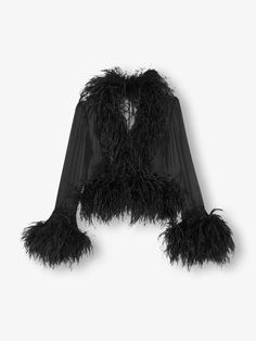 Introducing the courchevel cardigan, cut from whisper-weight silk. Featuring feathers that drape beautifully over the torso. Feather Trim Pants Outfit, Baddie Hijabi, Feather Clothes, Feather Trim Top, Alter Clothes, Feather Shirt, Feather Outfit, Tulle Blouse, Studio House