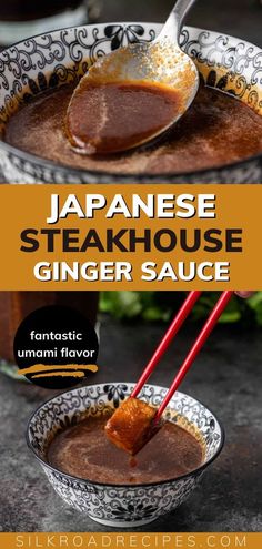 japanese steakhouse ginger sauce in a bowl with chopsticks on the side and text overlay that reads, japanese steakhouse ginger sauce