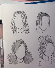 four different hairstyles drawn in pencil on paper with marker and pen next to it