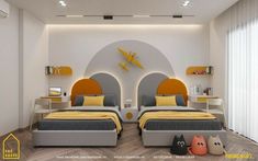 two beds in a room with yellow and gray decor on the walls, one is made to look like an airplane