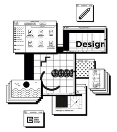 a black and white image of a computer screen with the word design on it's side