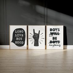 three black and white posters with words on them