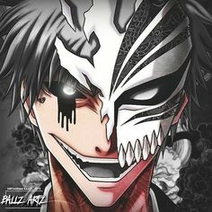 an anime character with black hair and white face paint on his face is looking at the camera