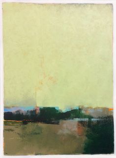 an abstract painting with green and blue colors on the bottom half of it, in front of a yellow sky