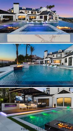 four different views of a house and pool