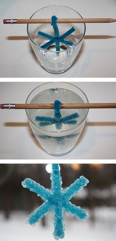 three pictures showing how to make an ornament out of snowflakes