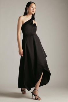 Satin One Shoulder Fluid Midi Dress | Karen Millen Waterfall Dress, Latest Maxi Dresses, Wrap Shirt Dress, Maxi Dress Collection, Embroidered Handbag, Black Satin Dress, Frill Dress, Dress Satin, All The Way Up